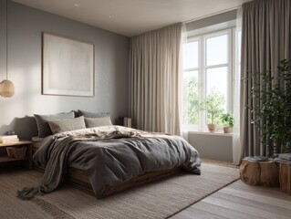 A bedroom with a bed, a window, and a plant. The bed is covered with a blanket and pillows