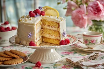 Tiered porcelain cake stand with slice of lemon lavender layer cake, shortbread cookies, and fresh raspberries on floral tablecloth, soft afternoon light, pastel tones