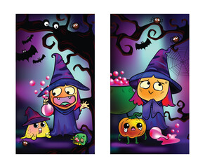 Fototapeta premium Halloween witch with poison and friends set, Funny halloween cartoon for vertical.