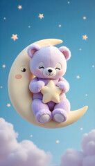 Teddy bear on the moon, A cute teddy bear in lavender onesie hugging a tiny star-shaped pillow, sitting on a crescent moon, sleepy half-closed eyes, surrounded by twinkling pastel stars and drifting c