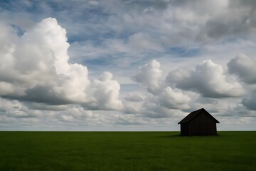 Lone Wooden Barn on Green Meadow under Dramatic Clouds