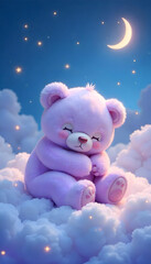 Fototapeta premium Teddy bear on the sky, A cute teddy bear in lavender onesie hugging a tiny star-shaped pillow, sitting on a crescent moon, sleepy half-closed eyes, surrounded by twinkling pastel stars and drifting