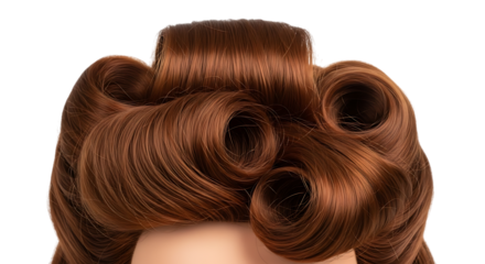 Closeup of a womans retro hairstyle with curls, isolated on transparent background, showcasing vintage glamour and elegant beauty in a studio setting