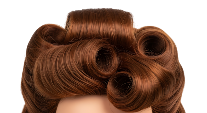 Closeup of a womans retro hairstyle with curls, isolated on transparent background, showcasing vintage glamour and elegant beauty in a studio setting