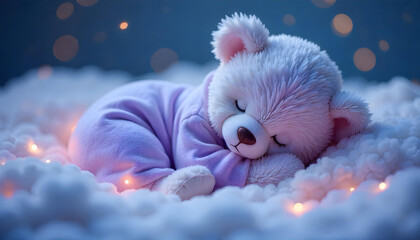Fototapeta premium A fluffy teddy bear in a pale lavender pajama onesie, curled up and sleeping on a soft cloud, tiny glowing stars floating around, gentle moonlight illuminating the scene, dreamy night sky with pastel 