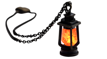 Antique lantern with glowing ember light and rustic chain evokes warmth and nostalgia isolated on white background 