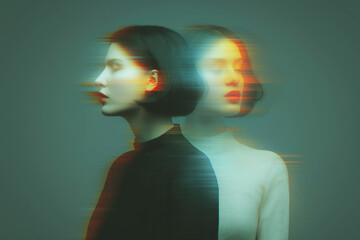 portrait of sad depressed young female with depression and bipolar mental disorders. Psychosis, paranoia and schizophrenia. Blurry glitch effect