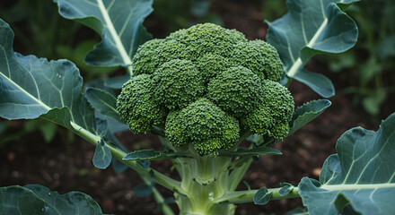 “Close-up of broccoli crowns with perfect florets in a garden bed”
