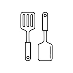  A minimalist black and white icon set featuring an outline of two kitchen spatulas: a slotted spatula and a turner. Perfect for cooking apps, menus, and culinary-themed designs.