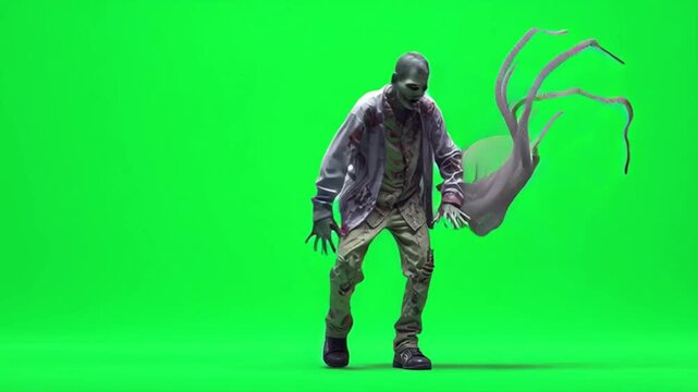Full body shot of a zombie standing against a green screen background in a studio setting green screen halloween zombie video