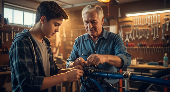 Grandfather Teaching Grandson to Repair a Bicycle in Garage - Powered by Adobe