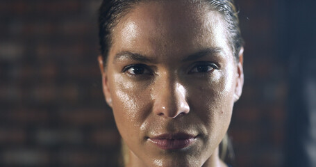 Woman, sweat and portrait for exercise, intense workout rest and wellness or confidence. Female...