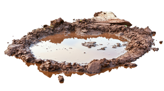 Mud puddle PNG isolated on clean white background dirty ground water splash concept