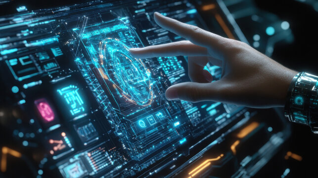 A hand interacting with a futuristic glowing interface featuring complex digital information display
