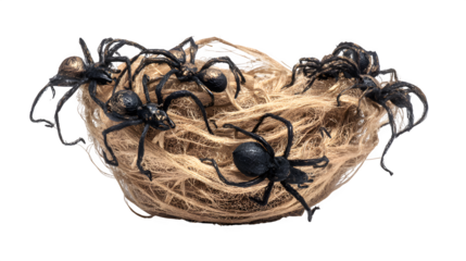 Creepy Halloween spiders clustered in a natural web, perfect for spooky seasonal decor and themes isolated on white background 