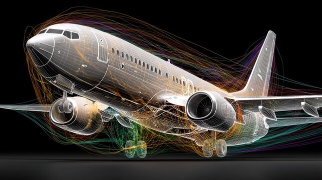 A detailed,  wireframe illustration of an airplane, showcasing the complex structure and airflow.