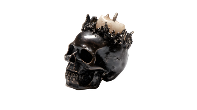 Striking dark skull adorned with a thorny crown and a flickering candle creating an ominous yet captivating statement isolated on white background 