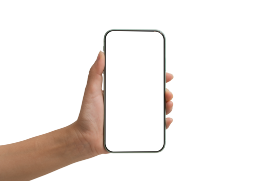 Hand holding smartphone with blank white screen isolated on white background for mockup and digital design