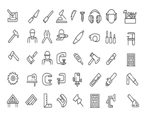Set of outline icons related to carpentry. Linear icon collection