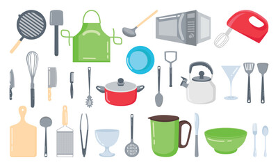 Collection of Kitchen Utensils and Appliances in Cartoon Style