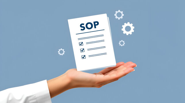 A compact SOP manual floats above an outstretched hand with checklist and gear icons. Concept of standardized procedure and quality management.