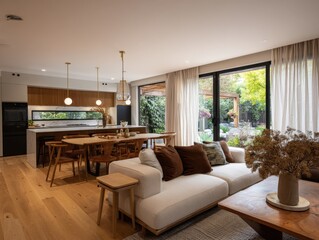 Fototapeta premium A living room with a couch, a coffee table, and a vase. The couch is white and brown