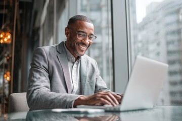 Fototapeta premium A handsome man is sitting at a glass table, using a laptop and smiling as he looks at the screen. He is wearing glasses and a grey suit, with a window visible in the background.