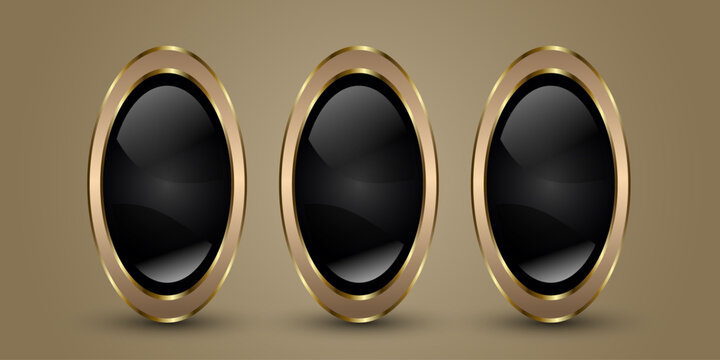 Group of three Luxury Oval Buttons, Symbols, with sophisticated vertically-oriented oval button featuring a deep, glossy black center with soft reflections Vector