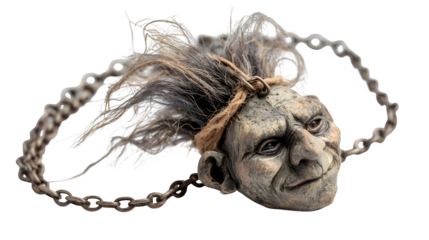 Creepy troll head with chain and wild hair, a macabre yet detailed character for fantasy or horror themes isolated on white background 