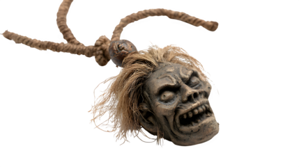 Creepy zombie head prop with rope, perfect for Halloween and horror themes isolated on white background 