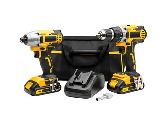 Illustration of cordless power drill and impact driver set with battery and charger isolated on transparent background
