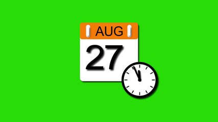August 27 date calendar icon animation . calendar animation clean and green background. and stunning 4k animation.	
