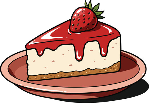 A slice of strawberry cheesecake with red glaze and strawberry on a pink plate on a white background