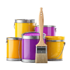 Paint cans and brush.  Colorful containers of paint, including yellow and purple hues, are grouped together with a wooden paintbrush
