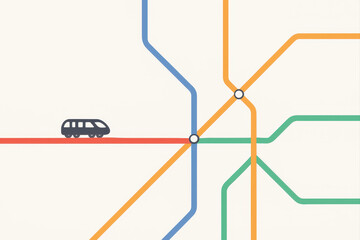 Minimalist subway map design with colorful lines and train icon. Simple and modern illustration