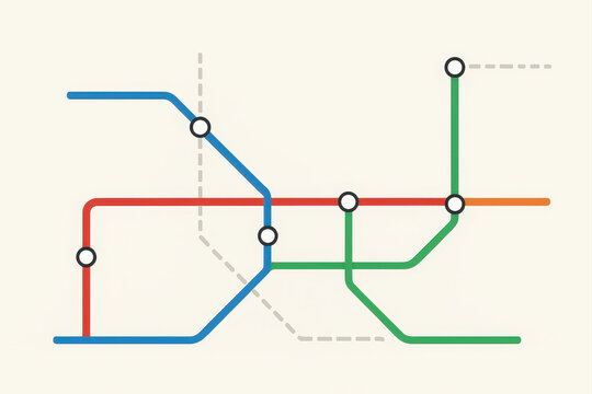 Abstract subway map with colorful lines and circular stations on light background