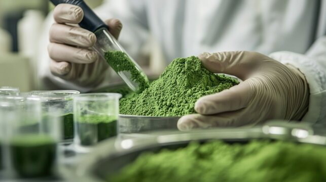 Gloved hands pour green powder from a test tube onto a pile