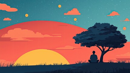 Serene Sunset Landscape with Meditating Figure Under Tree, Mental health wellness therapy positivity concept