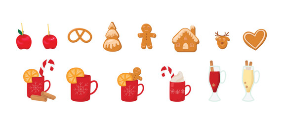 Christmas market food and drinks set. Vector stock illustration isolated on white background for design template menu, decoration winter market house, print paper, glass, ceramic cup