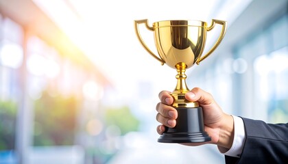 A golden trophy held aloft, showcasing achievement in a blurred modern business setting.