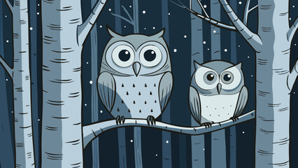 Two cute cartoon-style owls perched on a branch in a snowy forest at night.