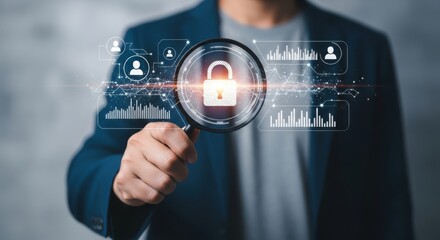 Magnifying glass reveals digital security and data protection concepts