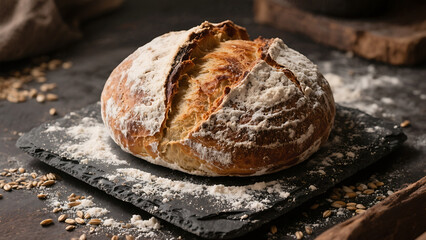Artisan sourdough bread loaf dusted with flour on dark slate surface, rustic bakery food photography with grains