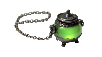 Mystical green potion cauldron with ornate metal accents and a detached chain, perfect for fantasy themes.isolated on white background 