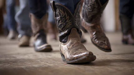 Traditional line dance showcasing detailed cowboy boots in action