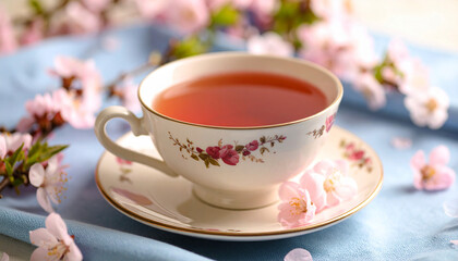 ティーカップに入った紅茶と桜の花の背景