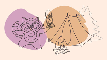A cartoon raccoon holding a lantern near a tent and campfire, surrounded by trees, evoking a playful outdoor adventure vibe.
