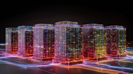 Towering virtual servers glowing with neon lights, interconnected by moving light streams, showcasing high-speed big data processing in a cutting-edge futuristic facility.