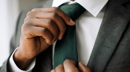 The groom adjusts his tie before the wedding, showing anticipation and elegance for the celebration.