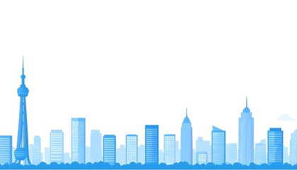 Obraz premium Minimalist light blue skyline illustration, featuring city buildings and infrastructure